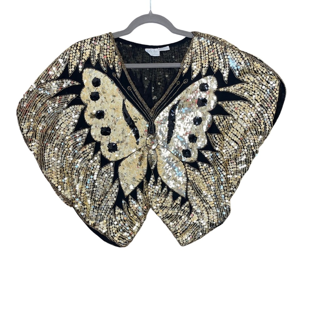 Valachi Creations‎ Vintage Silk Sequin Butterfly Cape Top Gold Silver Black OS